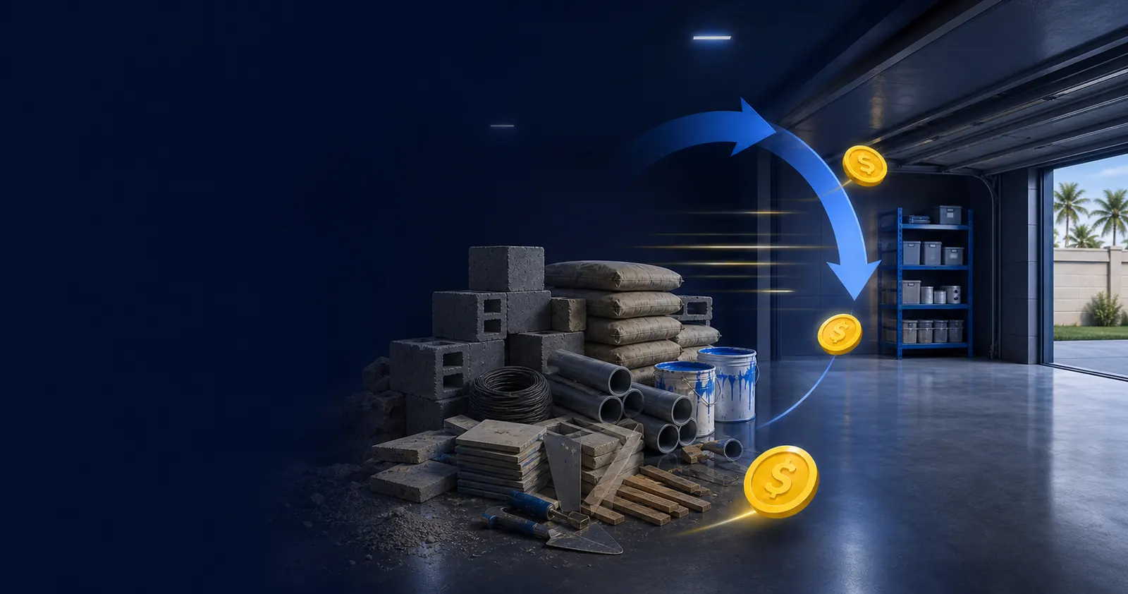 Materiales de obra sobrantes guardados ordenadamente en una cochera
