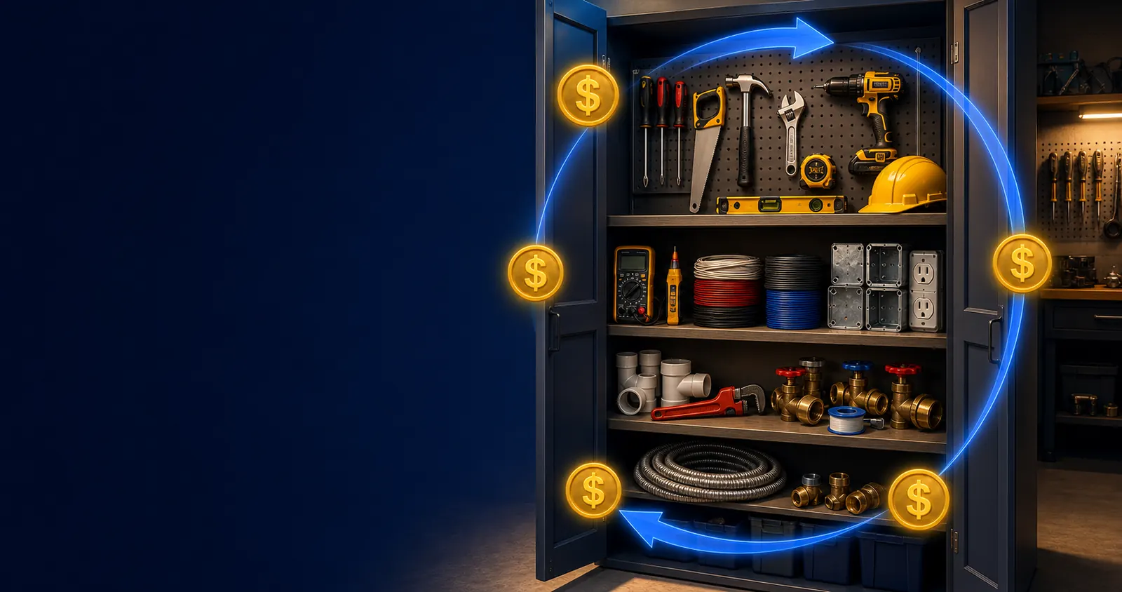 Gabinete con herramientas y materiales de construcción sobrantes organizados