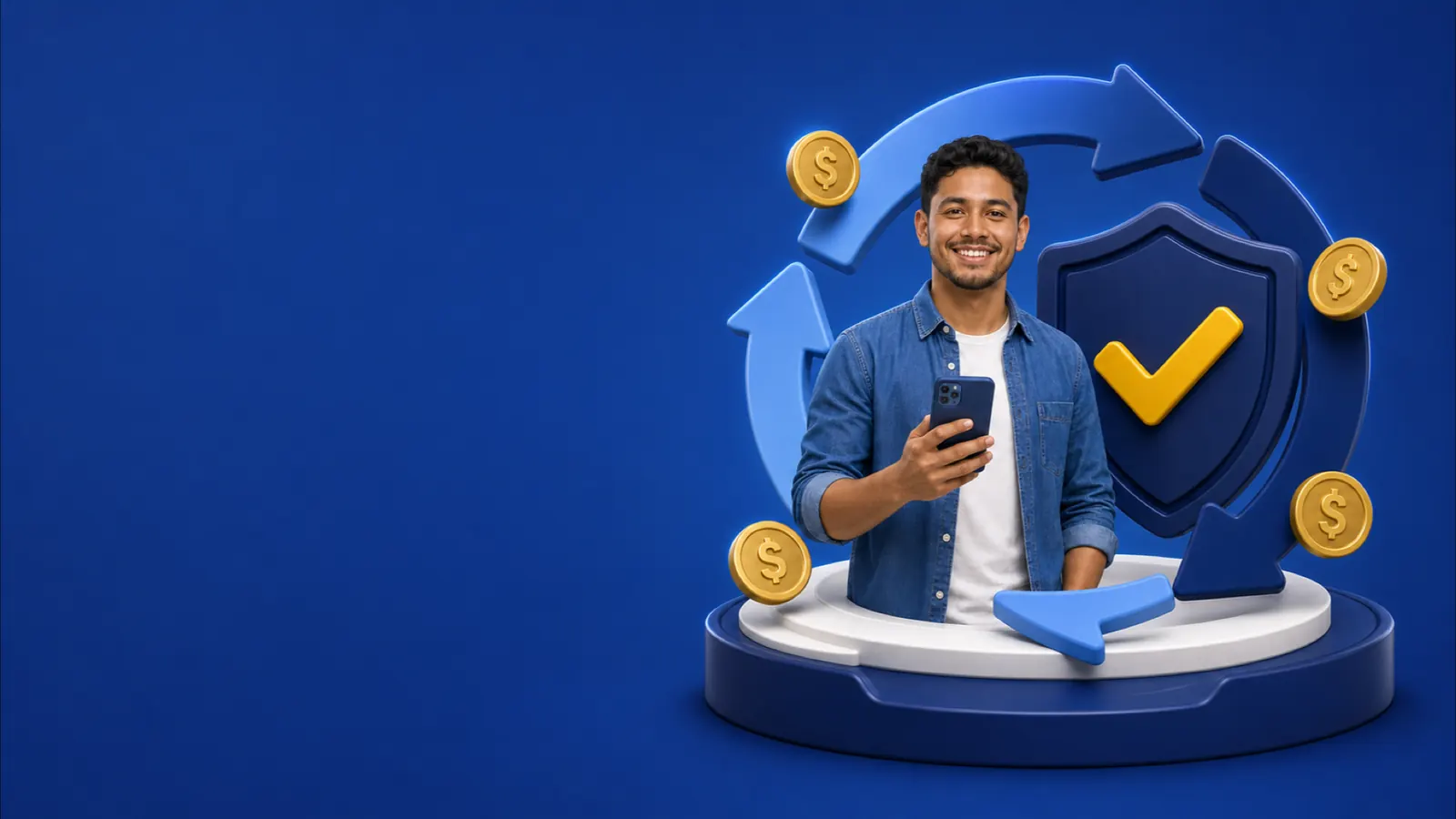 Usuario verificado sonriendo con su celular junto a un escudo de verificación
